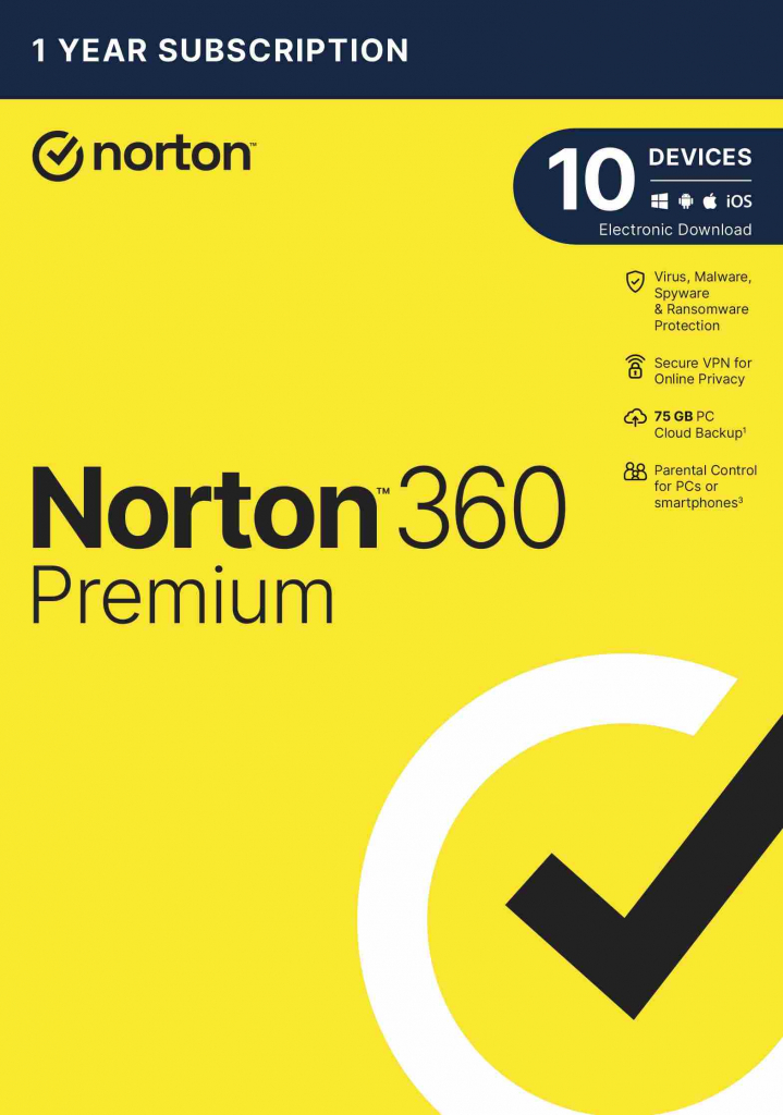 NORTON 360 PREMIUM 75GB +VPN 1 uživatel pro 10 zařízení na 1 rok ESD
